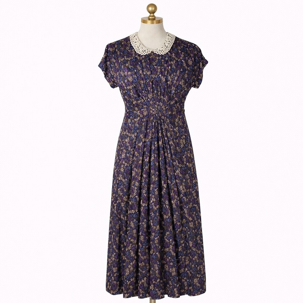 VTG All That Jazz Dress Purple Floral Pintucked Dress USA Size 3/4 Small
